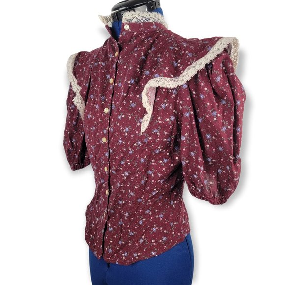 Vintage Burgundy Floral Lace Puff Sleeve Button Front Prairie Top - Picture 3 of 7